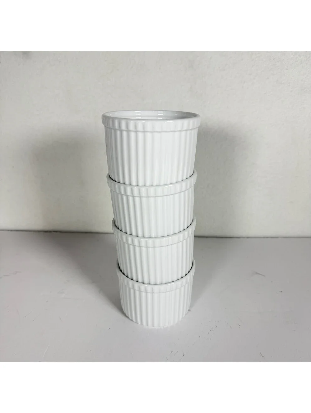 Set of 4 Crate & Barrel White Fluted Porcelain Ramekins S-5